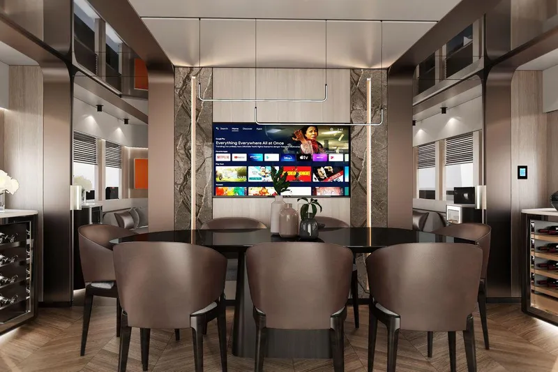  Yacht Photos Pics Luxurious dining area on 2027 AvA Yachts Kando 85, featuring elegant seating and modern decor.