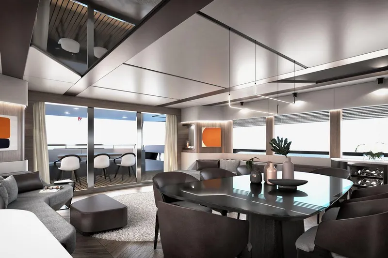  Yacht Photos Pics Luxurious interior of 2027 AvA Yachts Kando 85, featuring modern dining and lounge area.