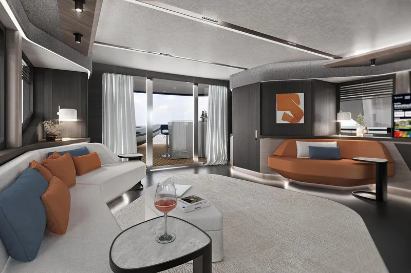  Yacht Photos Pics Luxurious interior of 2027 AvA Yachts Kando 85, featuring modern design and elegant furnishings.