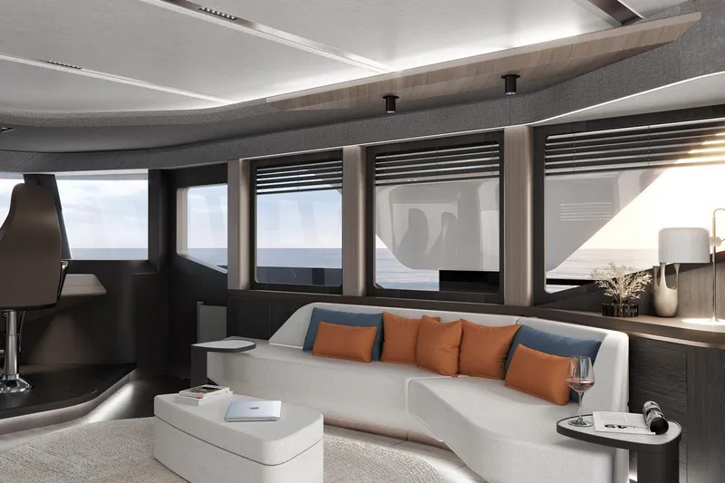  Yacht Photos Pics Luxurious interior of 2027 AvA Yachts Kando 85 with modern seating and ocean view.