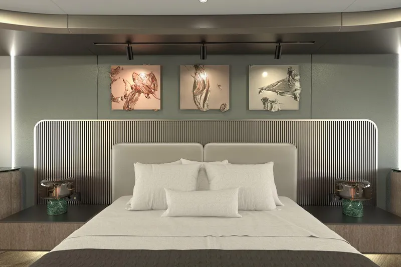  Yacht Photos Pics Luxurious bedroom interior on AvA Yachts Kando 85, 2027 model, featuring elegant artwork and modern design.