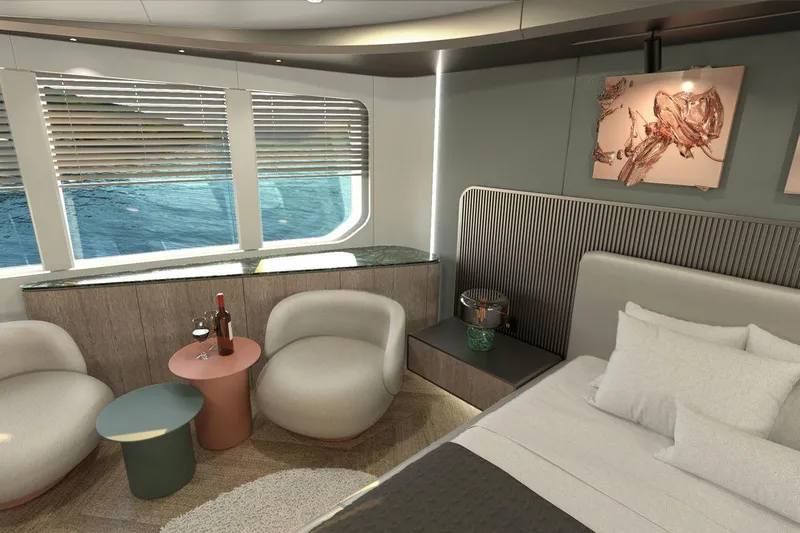  Yacht Photos Pics Luxurious interior of 2027 AvA Yachts Kando 85 with modern seating and ocean view.