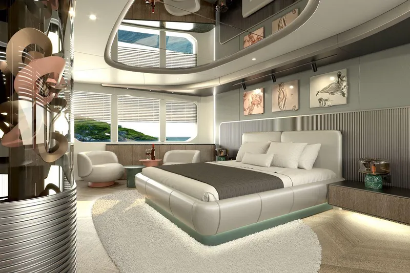  Yacht Photos Pics Luxurious bedroom interior of 2027 AvA Yachts Kando 85, featuring modern design and elegant decor.