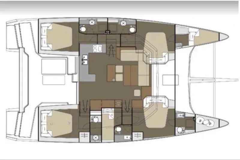 Aquanimity Yacht Photos Pics Floor plan of a 2021 Dufour 48 catamaran, showcasing cabin and living areas.