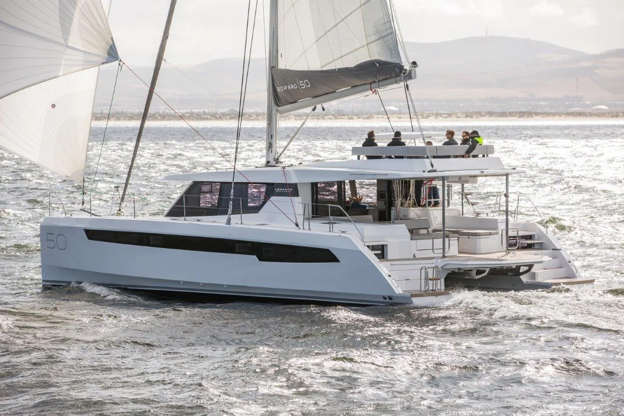 Leopard 50 catamaran 2020 sailing on open water.