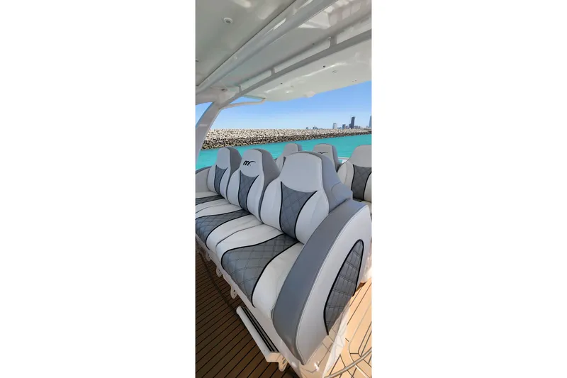 Yacht Photos Pics Luxurious seating on a 2017 Midnight Express 43 Open boat with ocean view.