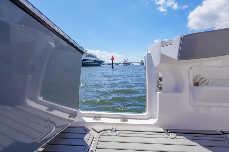  Yacht Photos Pics View from SeaWell 345XL boat, 2025 model, overlooking a serene waterway.