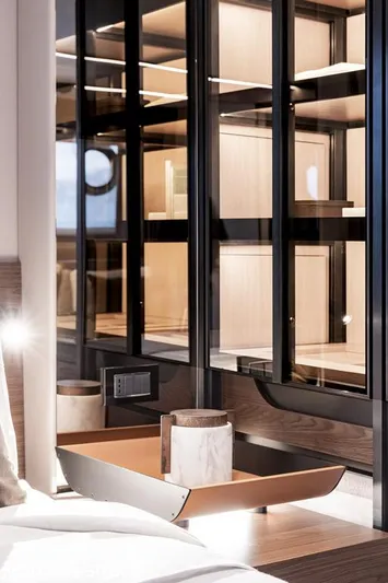  Yacht Photos Pics Luxurious interior of 2025 Azimut S7 yacht with elegant shelving and modern decor.