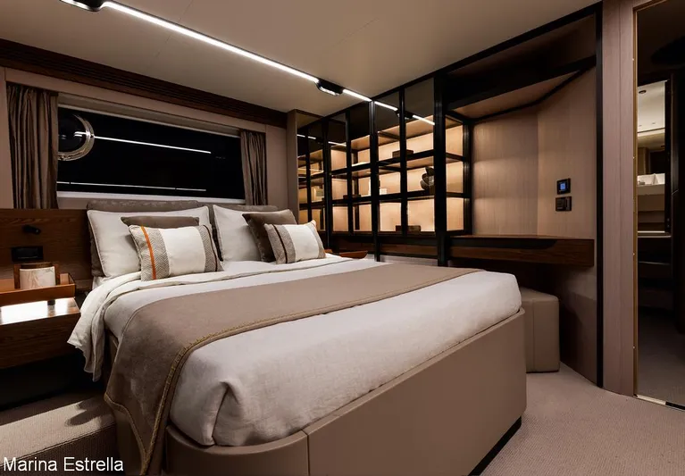  Yacht Photos Pics Luxurious bedroom interior of 2025 Azimut S7 yacht with modern design and elegant furnishings.