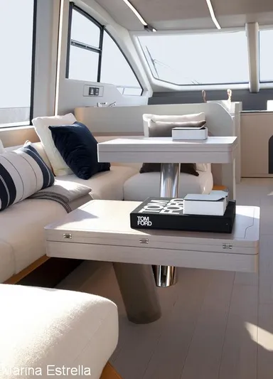 Yacht Photos Pics Luxurious interior of 2025 Azimut S7 yacht with modern seating and elegant decor.