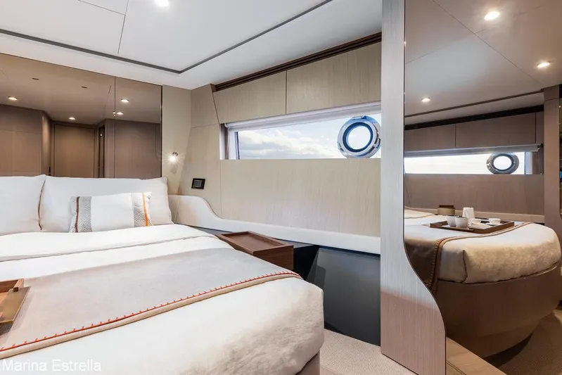  Yacht Photos Pics Luxurious interior of 2025 Azimut S7 yacht with elegant bedroom design.