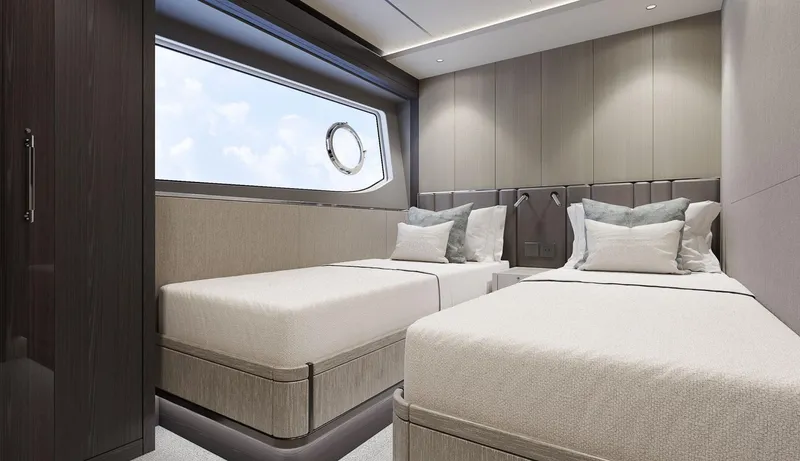  Yacht Photos Pics Luxurious twin bedroom on 2026 Sunseeker 94 Yacht with modern design and large window.
