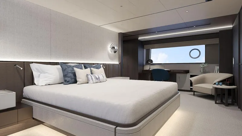  Yacht Photos Pics Luxurious bedroom interior of 2026 Sunseeker 94 Yacht with modern furnishings and large window.