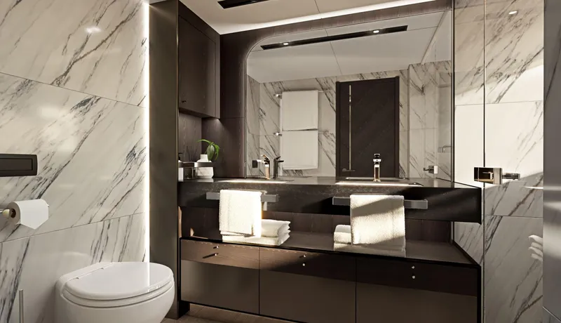  Yacht Photos Pics Luxurious bathroom in 2026 Sunseeker 94 Yacht with marble walls and modern fixtures.