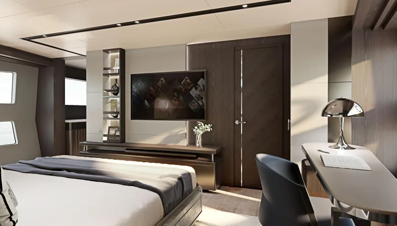  Yacht Photos Pics Luxurious interior of 2026 Sunseeker 94 Yacht, featuring modern bedroom and workspace design.