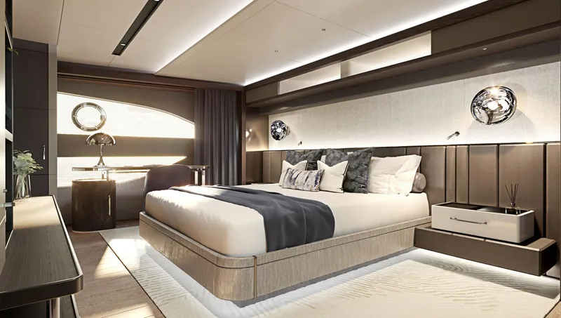  Yacht Photos Pics Luxurious bedroom interior of 2026 Sunseeker 94 Yacht, featuring modern design and elegant furnishings.