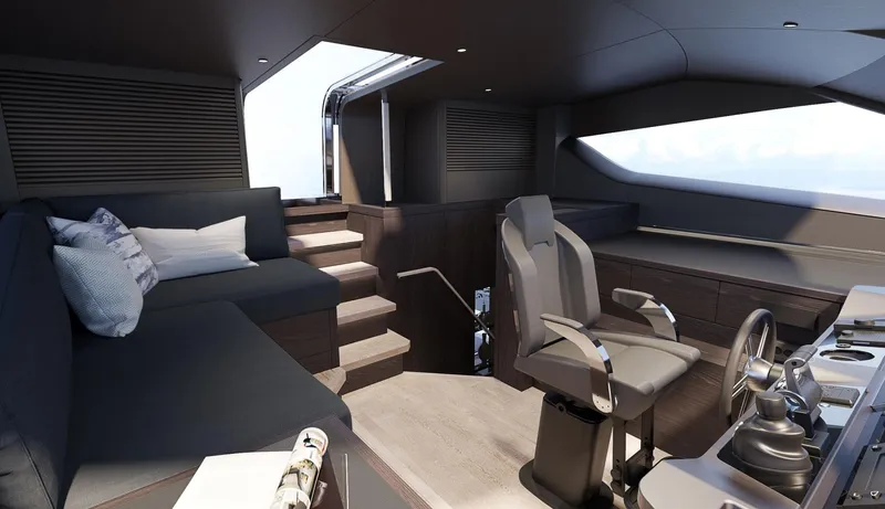  Yacht Photos Pics Luxurious interior of 2026 Sunseeker 94 Yacht with modern helm and seating area.