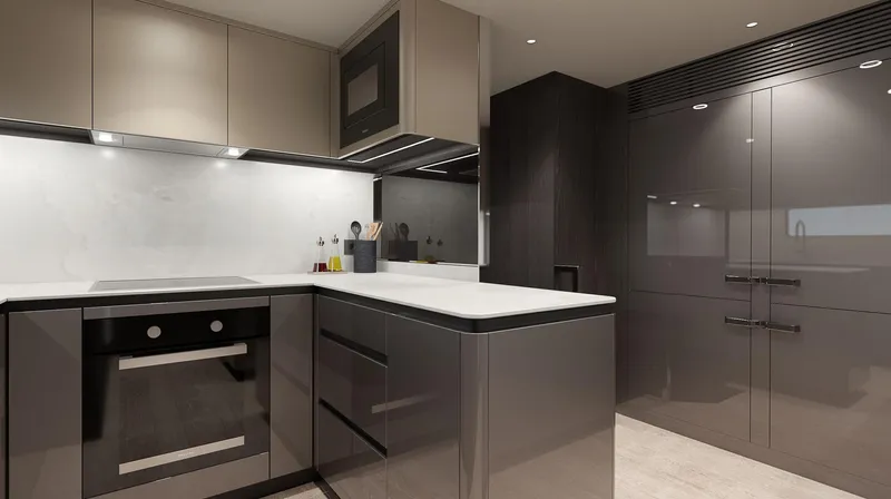  Yacht Photos Pics Modern kitchen interior on 2026 Sunseeker 94 Yacht, featuring sleek cabinetry and appliances.