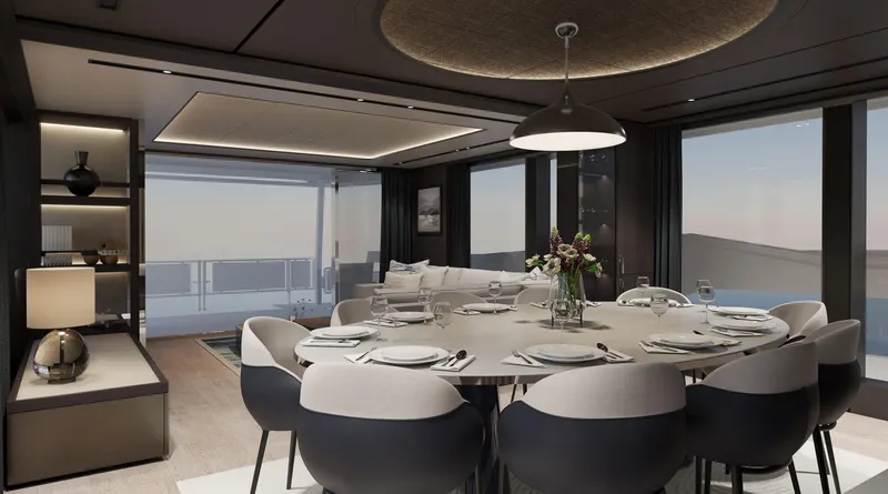  Yacht Photos Pics Luxurious dining area on 2026 Sunseeker 94 Yacht, featuring elegant table setting and modern decor.