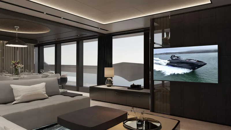  Yacht Photos Pics Luxurious interior of 2026 Sunseeker 94 Yacht with modern decor and large windows.