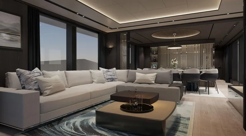  Yacht Photos Pics Luxurious interior of 2026 Sunseeker 94 Yacht with modern furnishings and elegant decor.