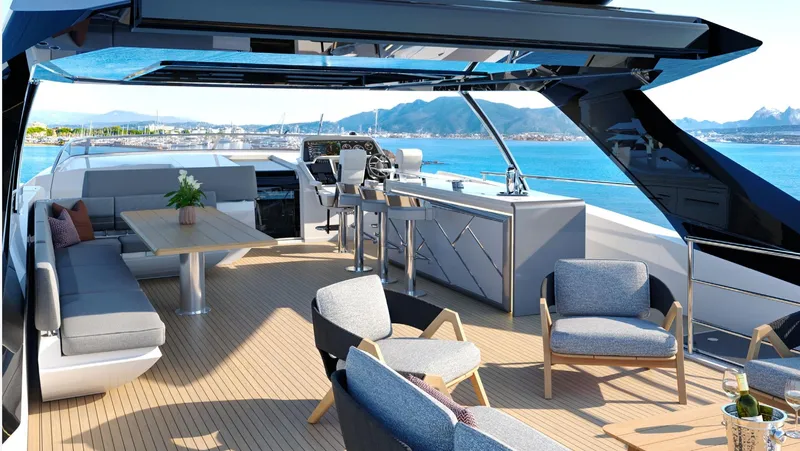  Yacht Photos Pics Luxurious Sunseeker 94 Yacht 2026 with elegant deck, modern seating, and stunning ocean view.