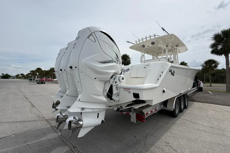  Yacht Photos Pics 2024 SeaVee 390Z boat with triple Yamaha outboard engines on a trailer.