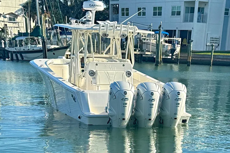  Yacht Photos Pics 2024 SeaVee 390Z boat with triple 425 V8 engines docked in marina.
