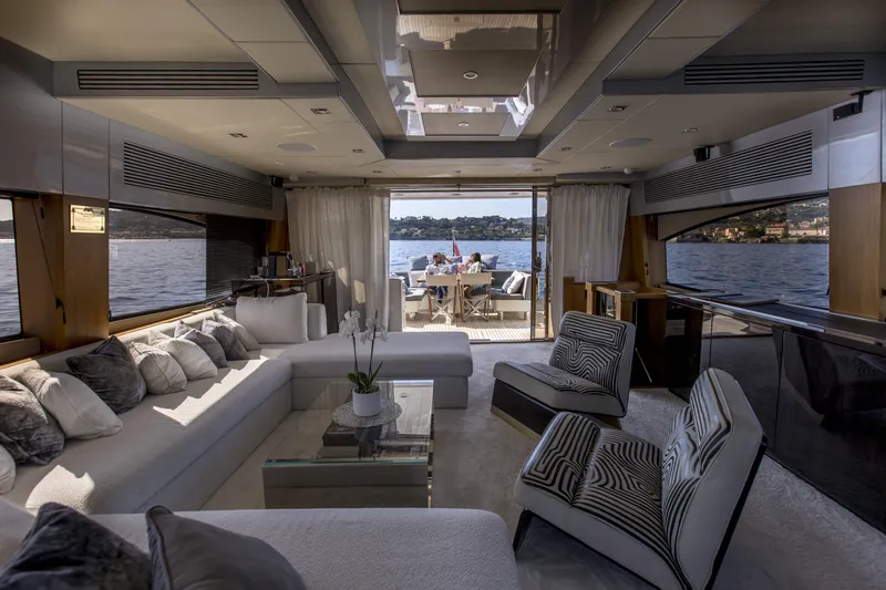 P'ocean Yacht Photos Pics Luxurious interior of 2009 Sunseeker Predator 84 yacht with elegant seating and scenic water views.