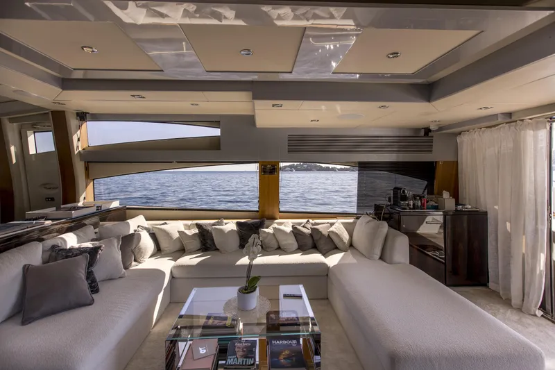 P'ocean Yacht Photos Pics Luxurious interior of 2009 Sunseeker Predator 84 yacht with elegant seating and sea view.
