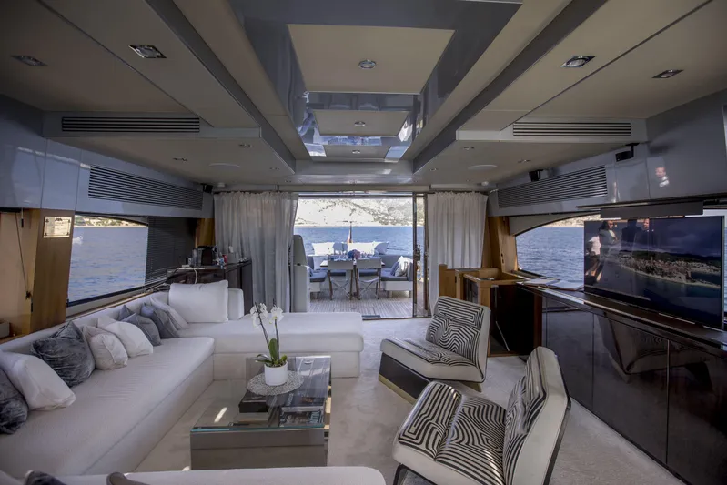 P'ocean Yacht Photos Pics Luxurious interior of 2009 Sunseeker Predator 84 yacht with elegant seating and ocean view.