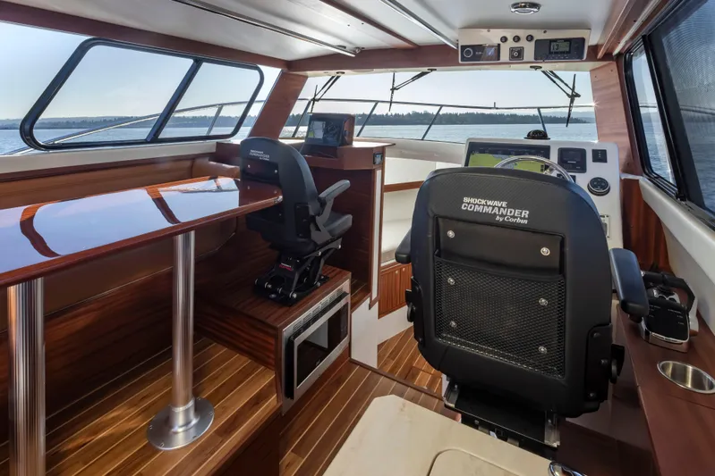  Yacht Photos Pics Interior of 2025 Ocean Sport Roamer boat with modern helm and seating.