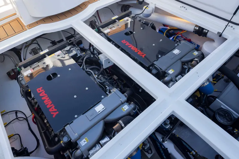  Yacht Photos Pics Engine compartment of 2025 Ocean Sport Roamer with dual Yanmar engines.