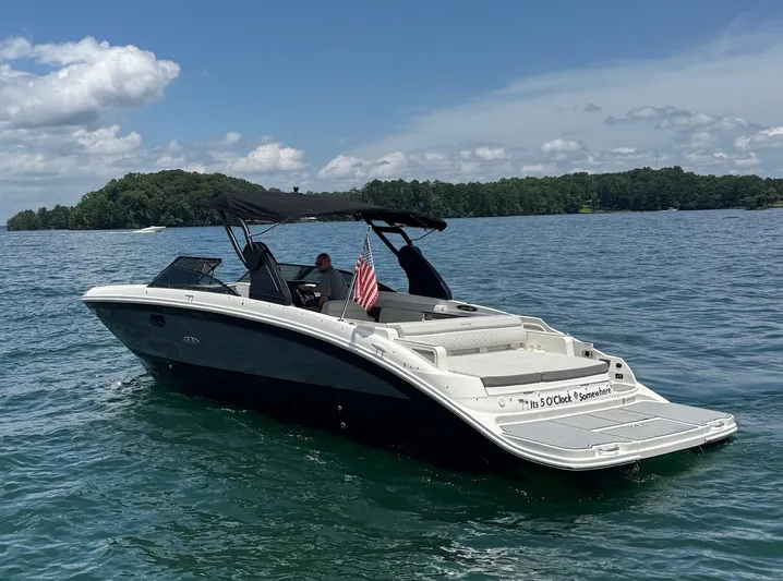  Yacht Photos Pics 2020 Sea Ray 290SDX boat cruising on a lake under a partly cloudy sky.
