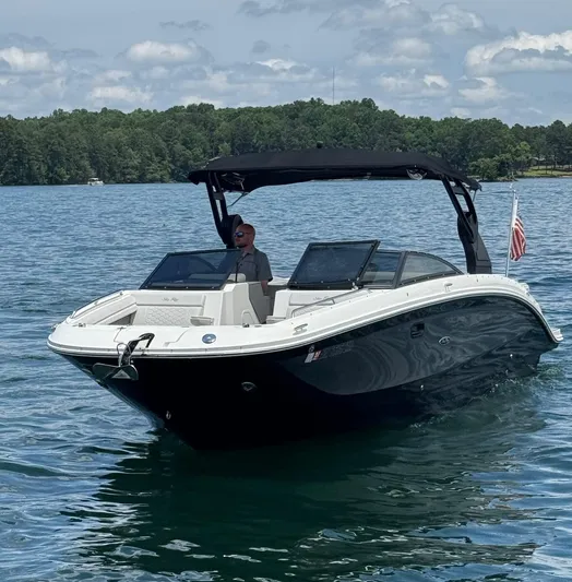  Yacht Photos Pics 2020 Sea Ray 290SDX boat cruising on a lake with lush green shoreline.