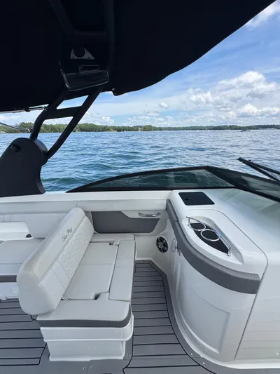  Yacht Photos Pics 2020 Sea Ray 290SDX boat interior with seating, cup holders, and scenic lake view.