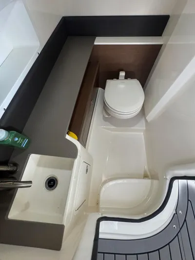  Yacht Photos Pics 2020 Sea Ray 290SDX boat bathroom with sink and toilet.