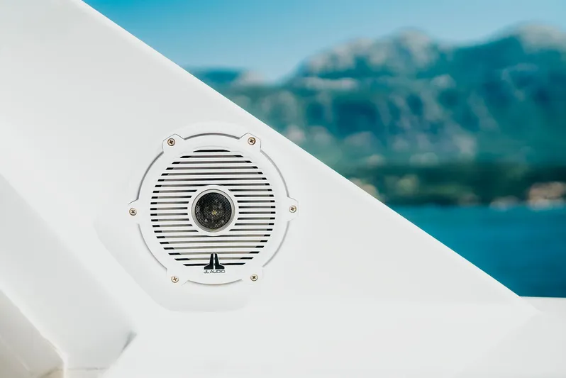 Eclipse Yacht Photos Pics Speaker on Alloy Yachts Dubois Design, 1991, with scenic mountain backdrop.