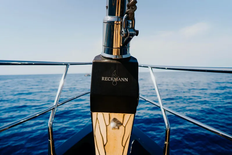 Eclipse Yacht Photos Pics Sailing yacht bow with Reckmann fitting, Alloy Yachts Dubois Design, 1991, on open sea.