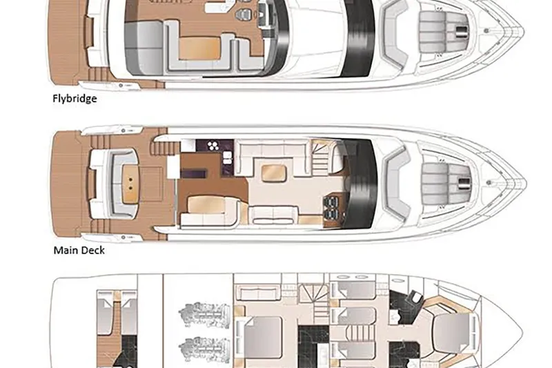 Daphne Yacht Photos Pics Floor plan of a 2018 Princess 68 yacht, showing flybridge, main deck, and lower deck layouts.