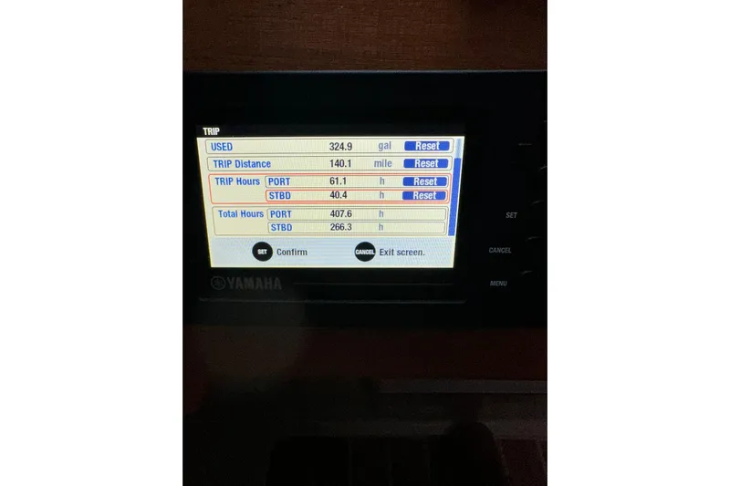  Yacht Photos Pics Yamaha display showing trip data: fuel used, distance, and engine hours for Aspen C107, 2019.