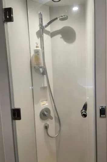  Yacht Photos Pics Shower area in 2021 Fairline Targa 45 Open yacht, featuring modern fixtures.