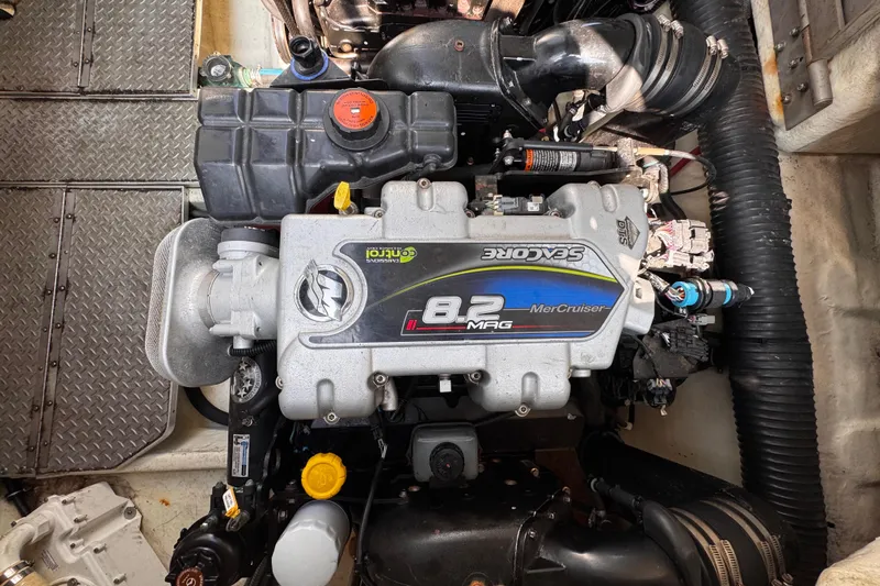Love Shact Yacht Photos Pics Engine compartment of a 2012 Formula 37 PC with MerCruiser 8.2 MAG engine.