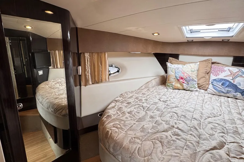 Love Shact Yacht Photos Pics Luxurious 2012 Formula 37 PC yacht cabin with elegant bedding and decorative pillows.
