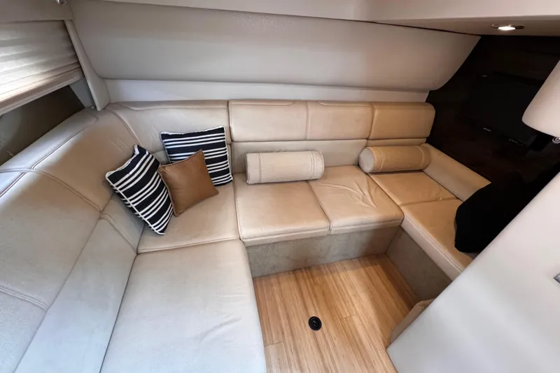Love Shact Yacht Photos Pics Luxurious beige leather seating in 2012 Formula 37 PC yacht interior.