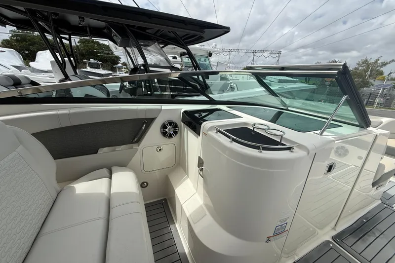  Yacht Photos Pics 2020 Sea Ray SLX 350 Outboard interior with sleek seating and modern design.