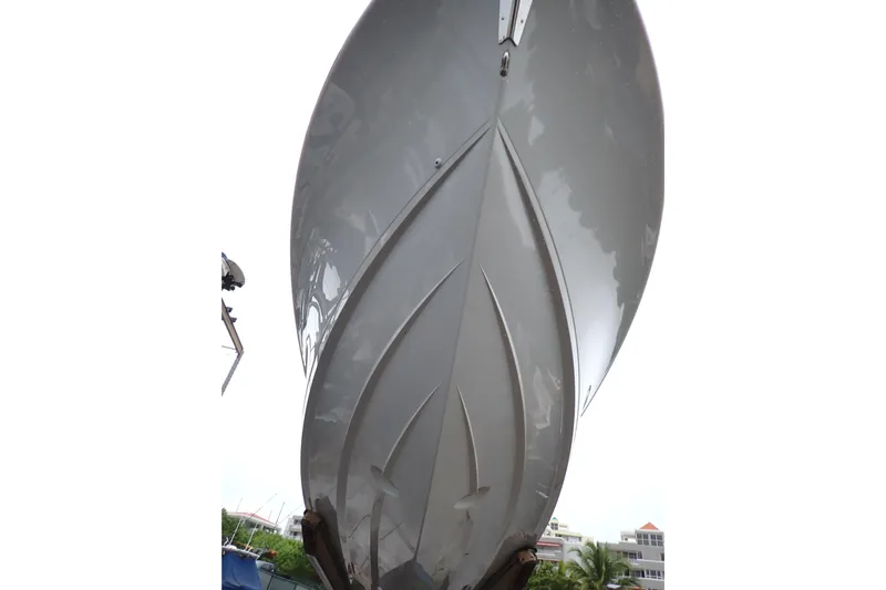 Archie Yacht Photos Pics 2021 Valhalla Boatworks V-33 hull, sleek design, viewed from below.