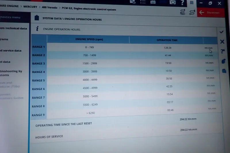 Archie Yacht Photos Pics Engine operation hours display for 2021 Valhalla Boatworks V-33, showing RPM ranges and times.