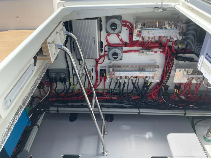 Jdmontt Yacht Photos Pics Electrical system of 2024 Lagoon 55 yacht, featuring organized wiring and components.