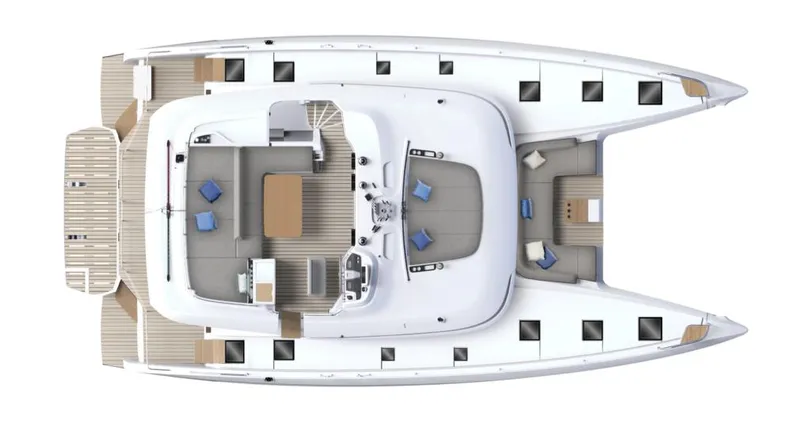 Jdmontt Yacht Photos Pics 2024 Lagoon 55 catamaran top view, showcasing spacious deck and seating areas.